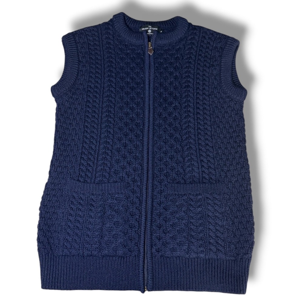 Irish Store Vest Men Medium Blue Full Zip Aran Cable Knit Merino Wool Sweater